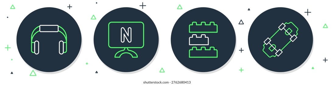 Set line Smart Tv, Toy building block bricks, Headphones and Skateboard icon. Vector