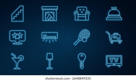 Set line Smart Tv, mala de trole, poltrona, ar condicionado, classificação estrelas, escadas, raquete de tênis com bola e ícone de lareira interior. Vetor