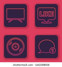 Set line Smart Tv, Vinyl disk, Like in speech bubble and Speech bubble chat. Blue square button. Vector