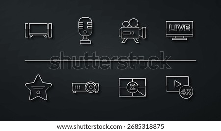Set line Smart Tv, Walk of fame star, Live stream, Old film movie countdown frame, Movie, film, media projector, Microphone, Screen tv with 4k and Retro cinema camera icon. Vector