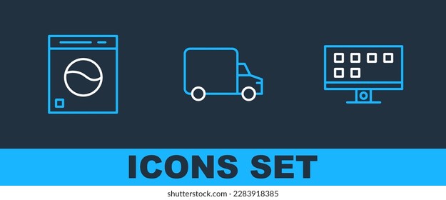Set line Smart Tv, Washer and Delivery cargo truck icon. Vector