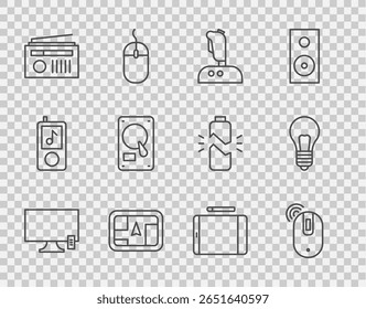 Definir linha Smart Tv, mouse de computador sem fio, Joystick para máquina de arcade, dispositivo Gps com mapa, antena de rádio, disco rígido HDD, tablet gráfico e conceito de lâmpada de ideia ícone. Vetor