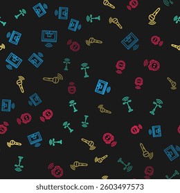 Set line Smart warehouse, street light, Wireless microphone and Robot vacuum cleaner on seamless pattern. Vector