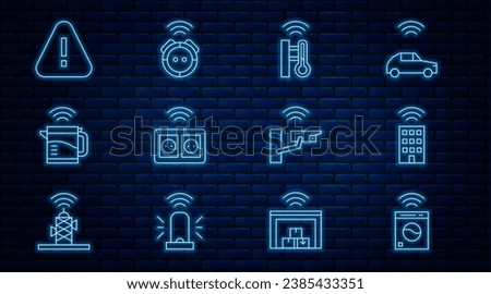Set line Smart washer, home with wireless, thermometer, electrical outlet, kettle, Exclamation mark in triangle, security camera and Robot vacuum cleaner icon. Vector