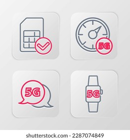 Set line Smart watch 5G network, Digital speed meter and Sim card icon. Vector