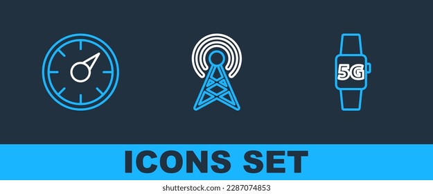 Set line Smart watch 5G network, Digital speed meter and Antenna icon. Vector