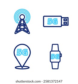 Set line Smart watch 5G network, Location, modem and Antenna icon. Vector