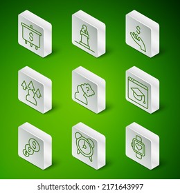 Set line Smart watch, Alarm clock, Target with dollar, Head question mark, Front end development, Speaker, Financial growth and and Online education icon. Vector