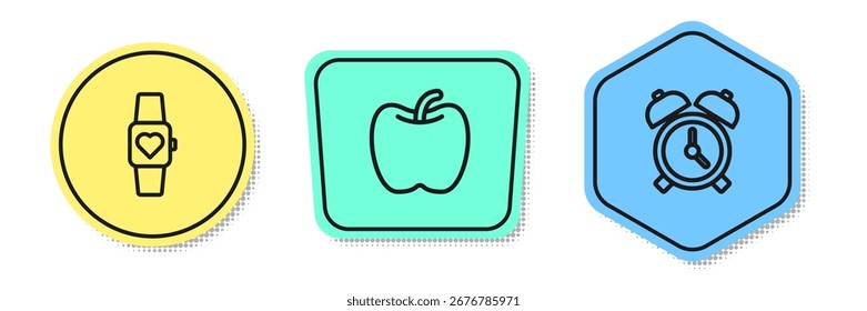Establecer línea Reloj inteligente, Apple y reloj despertador. Formas de colores. Vector