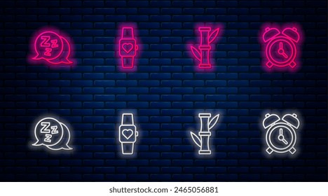 Reloj inteligente, Bambú, Sleepy y despertador. Icono de neón brillante en la pared de ladrillo. Vector