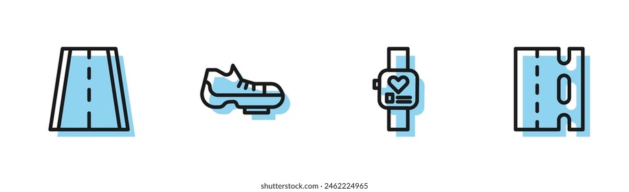 Set line Smart watch, Bicycle lane, shoes and  icon. Vector