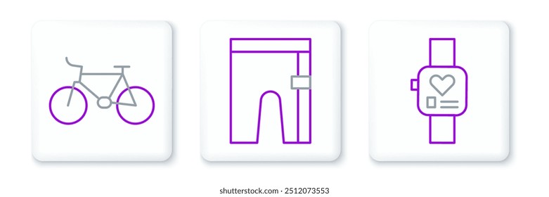 Set line Smart watch, Bicycle and Cycling shorts icon. Vector