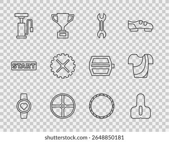 Set line Smart watch, Bicycle seat, Wrench spanner, wheel, air pump, sprocket crank,  and Cycling t-shirt icon. Vector