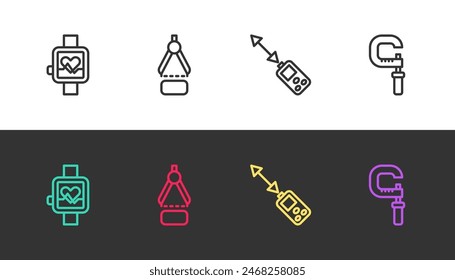 Ajuste la línea Reloj inteligente, brújula de dibujo, medidor de distancia láser y micrómetro en blanco y negro. Vector
