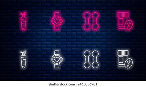 Set line Smart watch, Dumbbell, Carrot and Vitamin pill. Glowing neon icon on brick wall. Vector