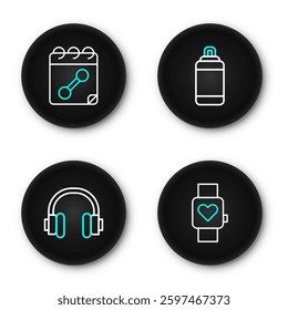 Set line Smart watch, Headphones, Punching bag and Calendar fitness icon. Vector
