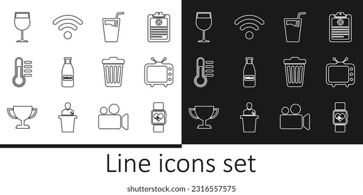 Set line Smart watch heart beat rate, Television tv, Glass with water, bottle milk and cap, Thermometer, Wine glass, Trash can and Wi-Fi wireless network icon. Vector