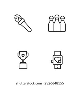 Die Linie Smart Uhr wird mit Herz, Award Cup, Torch Flamme und Bowling Pin Icon eingestellt. Vektorgrafik
