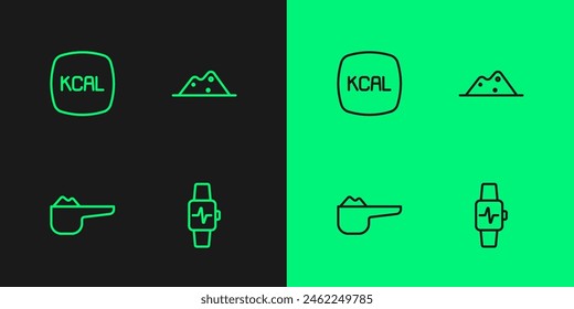 Reloj inteligente de línea fija con corazón, proteína de nutrición deportiva, Kcal e icono de sal. Vector