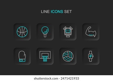 Set line Smart watch with heart, Volleyball ball, Basketball backboard, Boxing glove, Bodybuilder showing his muscles, Stopwatch, Golf on tee and  icon. Vector