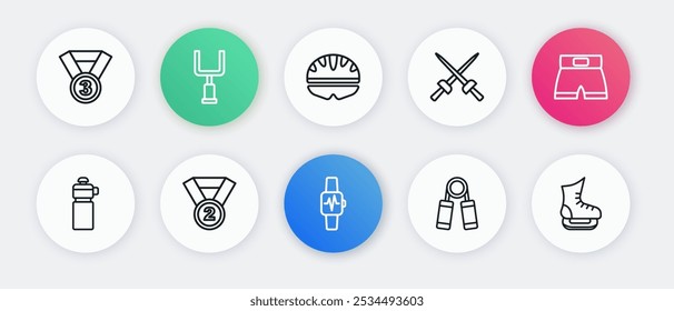 Set line Smart watch with heart, Boxing short, Fitness shaker, Sport expander, Fencing, Bicycle helmet, Skates and Medal icon. Vector