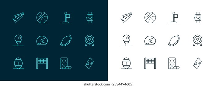 Set line Reloj inteligente con corazón, red de voleibol, arco medieval, mancuerna de dopaje deportivo, casco de carreras, bandera, zapatillas de deporte de fitness e icono de baloncesto. Vector
