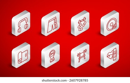 Set line Smart watch with heart, Short or pants, Sports doping dumbbell, Weight plate, Bench barbell, Headphones, Location gym and Fitness mat roll icon. Vector