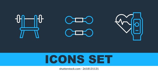 Set line Smart watch with heart, Bench barbell and Dumbbell icon. Vector