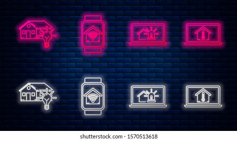 Set line Smart watch with smart home with wi-fi, Laptop with smart house and alarm, Smart house and light bulb and Laptop with house temperature. Glowing neon icon on brick wall. Vector