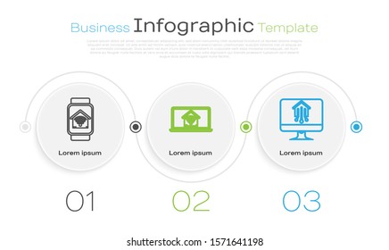 Set line Smart watch with smart home with wi-fi, Laptop with smart home with wi-fi and Computer monitor with smart home. Business infographic template. Vector