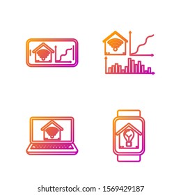 Set line Smart watch with smart house and light bulb, Laptop with smart home with wi-fi, Mobile phone with smart home with wi-fi. Gradient color icons. Vector