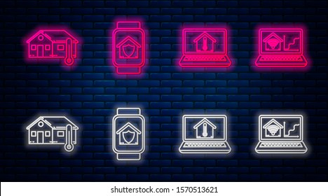 Set line Smart watch with house under protection, Laptop with house temperature, House temperature and Laptop with smart home with wi-fi. Glowing neon icon on brick wall. Vector