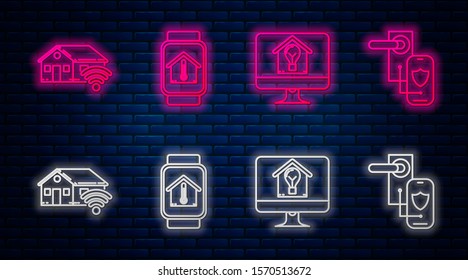 Set line Smart watch with house temperature, Computer monitor with smart house and light bulb, Smart home with wi-fi and Digital door lock with wireless technology for lock. Vector