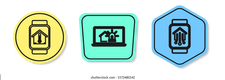 Set line Smart watch with house temperature, Laptop with smart house and alarm and Smart home with smart watch. Colored shapes. Vector