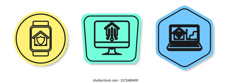 Set line Smart watch with house under protection, Computer monitor with smart home and Laptop with smart home with wi-fi. Colored shapes. Vector