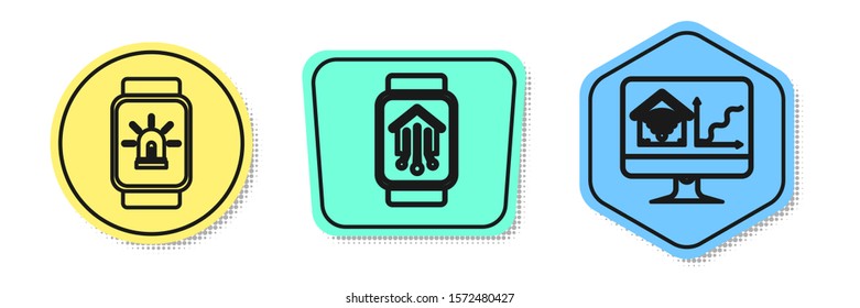 Set line Smart watch with smart house and alarm, Computer monitor with smart home with wi-fi. Colored shapes. Vector