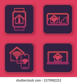 Set line Smart watch with house temperature, Smart home with wi-fi, Mobile phone with smart home with wi-fi and Laptop with smart home with wi-fi. Blue square button. Vector