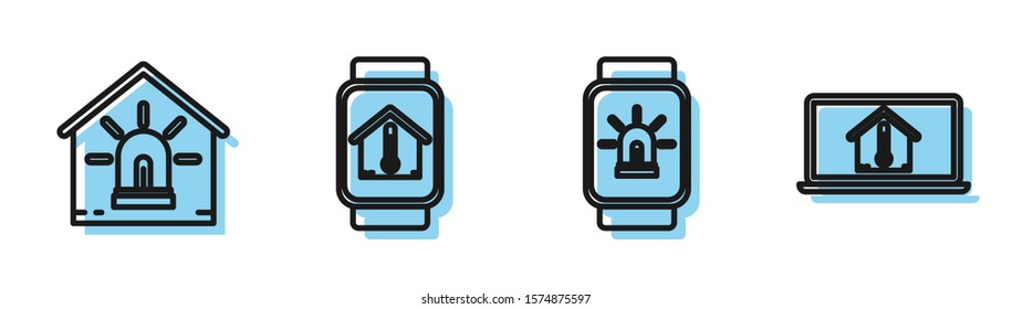Set line Smart watch with smart house and alarm, Smart house and alarm, Smart watch with house temperature and Laptop with house temperature icon. Vector
