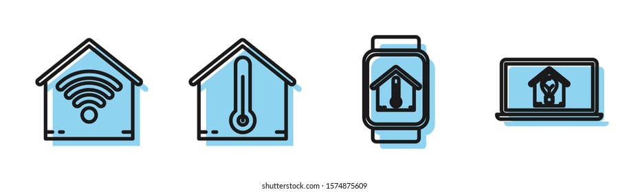 Set line Smart watch with house temperature, Smart home with wi-fi, House temperature and Laptop with smart house and light bulb icon. Vector