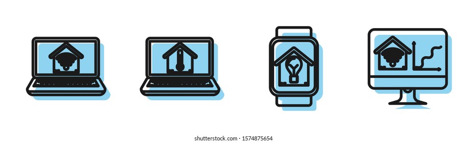 Set line Smart watch with smart house and light bulb, Laptop with smart home with wi-fi, Laptop with house temperature and Computer monitor with smart home with wi-fi icon. Vector