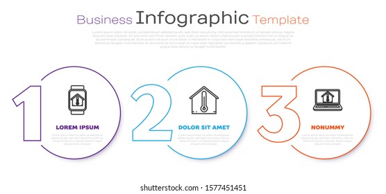 Set line Smart watch with house temperature, House temperature and Laptop with house temperature. Business infographic template. Vector