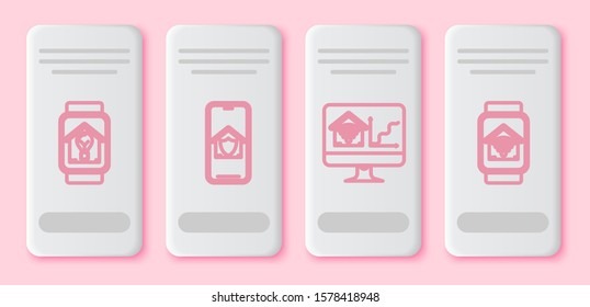 Set line Smart watch with smart house and light bulb, Mobile phone with house under protection, Computer monitor with smart home with wi-fi and Smart watch with wi-fi. White rectangle button. Vector