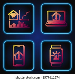 Set line Smart watch with smart house and alarm, Mobile phone with house temperature, Smart home with wi-fi and Laptop with house temperature. Gradient color icons. Vector