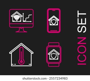 Set line Smart watch with house under protection, House temperature, Mobile phone and Computer monitor smart home wi-fi icon. Vector