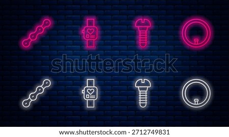 Set line Smart watch, Metallic screw, Bicycle chain and wheel. Glowing neon icon on brick wall. Vector