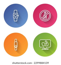 Set line Smart watch, No alcohol, Smartwatch and Bodybuilder muscle. Color circle button. Vector
