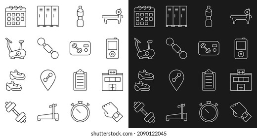 Set line Smart watch on hand, Gym building, Music player, Bottle of water, Dumbbell, Stationary bicycle, Calendar fitness and Fitness club, gym card icon. Vector