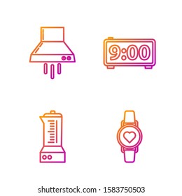Set line Smart watch showing heart beat rate , Blender , Kitchen extractor fan  and Digital alarm clock . Gradient color icons. Vector