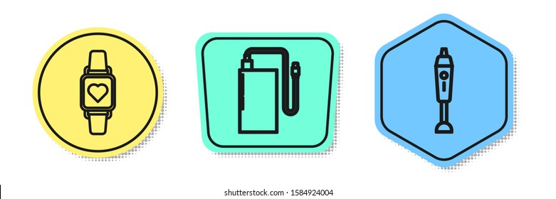 Set line Smart watch showing heart beat rate , Power bank with different charge cable  and Blender . Colored shapes. Vector