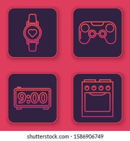 Set line Smart watch showing heart beat rate , Digital alarm clock , Gamepad  and Oven . Blue square button. Vector